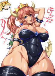 Rule 34 | 1girl, alternate color, alternate hair color, alternate skin color, areola slip, arm behind back, arm behind head, arm up, armlet, armpits, artist name, bare shoulders, black legwear, black leotard, blue eyes, blue gemstone, bowsette, breasts, cleavage, covered navel, cowboy shot, crown, dark-skinned female, dark skin, earrings, fangs, fire, from below, gem, gluteal fold, groin, hair between eyes, head tilt, high ponytail, highleg, highleg leotard, highres, hip focus, horns, jewelry, large areolae, large breasts, leotard, lizard tail, long hair, looking at viewer, looking down, mario (series), new super mario bros. u deluxe, nintendo, nipple slip, nipples, no sclera, o o, open mouth, parted bangs, parted lips, pink hair, pointy ears, princess peach, puffy nipples, shiny clothes, shiny skin, sidelocks, signature, simple background, skin tight, smile, solo, spiked armlet, spiked shell, spiked tail, spikes, strapless, strapless leotard, super crown, tail, thick eyebrows, thick thighs, thighs, triangle mouth, turtle shell, white background, yukimasa (nkk145)