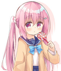 Rule 34 | 1girl, blue bow, blue sailor collar, blue skirt, blush, bow, brown cardigan, candy, cardigan, closed mouth, colored shadow, commentary request, drop shadow, food, hair between eyes, hair ornament, hair scrunchie, hairclip, highres, holding, holding candy, holding food, holding lollipop, lollipop, long hair, long sleeves, looking at viewer, nakkar, open cardigan, open clothes, original, pink hair, pleated skirt, red eyes, sailor collar, school uniform, scrunchie, serafuku, shadow, shirt, sidelocks, skirt, solo, star (symbol), star hair ornament, swirl lollipop, twintails, very long hair, white background, white scrunchie, white shirt
