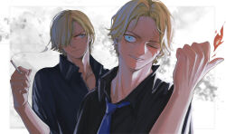 Rule 34 | 2boys, black shirt, blonde hair, blue eyes, blue necktie, cigarette, closed mouth, commentary, curly eyebrows, english commentary, fire, hair over one eye, highres, holding, holding cigarette, male focus, multiple boys, mygiorni, necktie, one eye closed, one eye covered, one piece, sabo (one piece), sanji (one piece), scar, scar across eye, scar on face, shirt, short hair, smile, smoke, teeth
