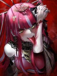 Rule 34 | 1girl, bad id, bad twitter id, bite mark, blood, blush, exposed bone, fang, guro, hair ornament, hair ribbon, heart, heart hair ornament, heterochromia, highres, hololive, hololive indonesia, kureiji ollie, lace, lace collar, licking arm, long tongue, mookie (e mook9), multicolored hair, patchwork skin, red hair, ribbon, severed hand, skin fang, solo, streaked hair, tongue, upper body, virtual youtuber, zombie