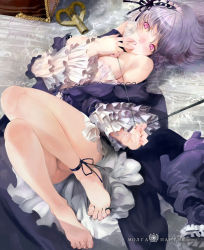 Rule 34 | 00s, 1girl, ankle ribbon, bare shoulders, barefoot, bow, breasts, doll joints, dress, feet, frills, gothic lolita, hairband, jewelry, joints, leg ribbon, legs, lolita fashion, long hair, lying, moruga, off shoulder, on back, parted lips, pink eyes, ribbon, ring, rozen maiden, silver hair, solo, suigintou, toe ring, toes