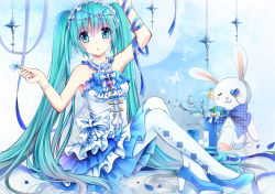 Rule 34 | 1girl, aqua eyes, aqua hair, arm up, bare shoulders, blue bow, blue dress, blue footwear, blue ribbon, bottle, bow, bracelet, detached sleeves, dress, flower, glass, gyaza, hair ornament, hatsune miku, high heels, holding, holding flower, jewelry, layered dress, lolita fashion, long hair, looking at viewer, pantyhose, rabbit, ribbon, rose, shoes, sitting, solo, stuffed animal, stuffed rabbit, stuffed toy, twintails, very long hair, vocaloid, white bow, white flower, white pantyhose, white rose