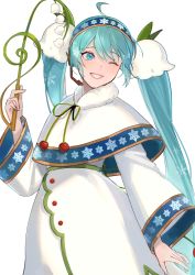 Rule 34 | 1girl, ahoge, ainu clothes, aqua eyes, aqua hair, capelet, commentary, dress, flower, fur-trimmed capelet, fur trim, gold trim, green ribbon, grin, hair flower, hair ornament, hatsune miku, headband, highres, holding, holding flower, lily of the valley, long hair, mallope, neck ribbon, one eye closed, ribbon, rowan, simple background, smile, snowflake print, solo, treble clef, twintails, upper body, very long hair, vocaloid, white background, white capelet, white dress, white flower, yuki miku, yuki miku (2015)