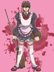 Rule 34 | 1boy, alternate costume, apron, bad id, bad pixiv id, bow, broom, brown eyes, brown hair, cross, cross necklace, crossdressing, dress, enmaided, fate/zero, fate (series), jewelry, kotomine kirei, maid, maid apron, maid headdress, male focus, necklace, red-trio, solo, thighhighs