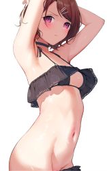 Rule 34 | 1girl, armpits, arms up, bangs pinned back, bikini, bikini bottom aside, black bikini, blush, breast curtain, breasts, brown hair, cleavage, clothing aside, commentary, cowboy shot, frown, gin00, groin, hair ornament, hairclip, highres, higuchi madoka, idolmaster, looking at viewer, navel, pink eyes, short hair, simple background, small breasts, swimsuit, white background