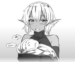 Rule 34 | 1girl, :d, baby, baby carry, bad id, bad twitter id, bare shoulders, belko, blush, carrying, commentary request, dark-skinned female, dark skin, de-chan (belko), drooling, elbow gloves, gloves, gradient background, grey background, greyscale, happy, looking at viewer, monochrome, mother and son, open mouth, original, pointy ears, short hair, smile, solo focus, upper body