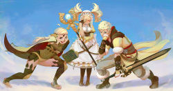 Rule 34 | 1boy, 2girls, ahoge, apron, blonde hair, book, boots, breasts, bridal gauntlets, cape, cleavage, dress, embarrassed, facepalm, father and daughter, fingerless gloves, fire emblem, fire emblem awakening, fire emblem fates, gloves, grandmother and granddaughter, hand over face, headdress, lissa (fire emblem), mother and son, multiple girls, nintendo, ophelia (fire emblem), owain (fire emblem), reverse grip, smile, staff, standing, sword, thighhighs, time paradox, toeless legwear, twintails, wafferscotch, wavy mouth, weapon