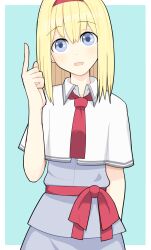 Rule 34 | 1girl, alice margatroid, blonde hair, blue background, blue eyes, blush, capelet, collared capelet, commentary request, cookie (touhou), cowboy shot, grey shirt, grey skirt, hair between eyes, hairband, highres, hinase (cookie), hospital king, index finger raised, medium bangs, medium hair, necktie, open mouth, red hairband, red necktie, red sash, sash, shirt, skirt, skirt set, solo, touhou, white background, white capelet