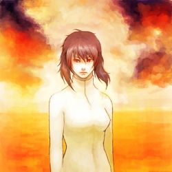 Rule 34 | 1girl, expressionless, ghost in the shell, kusanagi motoko, looking to the side, ocean, purple hair, red eyes, short hair, solo, sunset, yamada (tori bird)