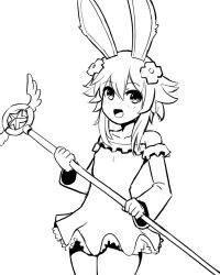 Rule 34 | animal ears, bare shoulders, blush, choujigen game neptune, cowboy shot, d-pad, d-pad hair ornament, donburi (donburikazoku), dress, elin, flat chest, greyscale, hair ornament, holding, looking at viewer, monochrome, neptune (neptunia), neptune (series), open mouth, rabbit ears, short hair, sidelocks, smile, staff, star (symbol), tera online, thighs, third-party source, wings