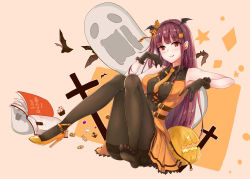 Rule 34 | 1girl, :q, armpits, bare shoulders, bat (animal), bat hair ornament, belt, black gloves, black pantyhose, blunt bangs, blush, book, bow, breasts, brown hair, candy, chocolate, cross, cupcake, dress, elbow rest, eyebrows, food, food-themed hair ornament, full body, ghost, girls&#039; frontline, gloves, hair bow, hair ornament, hair ribbon, half updo, halloween, halloween costume, hand up, head tilt, high heels, highres, knees together feet apart, leaning on object, long hair, looking at viewer, medium breasts, navel, necktie, official alternate costume, open book, orange footwear, pantyhose, pumpkin, pumpkin hair ornament, purple hair, red eyes, ribbon, shoes, single shoe, sitting, smile, soles, solo, standing, tongue, tongue out, very long hair, wa2000 (girls&#039; frontline), wa2000 (haunted castle) (girls&#039; frontline), zarsy
