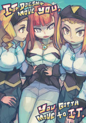 Rule 34 | 3girls, aq interactive, arcana heart, arcana heart 2, atlus, bare shoulders, blonde hair, breasts, brown eyes, character request, cleavage, clothes lift, crotch seam, elbow gloves, english text, examu, gloves, headdress, highres, jewelry, large breasts, long hair, multiple girls, necklace, orange hair, panties, panties under pantyhose, pantyhose, petra johanna lagerkvist, purple eyes, skirt, skirt lift, text focus, thighhighs, thighhighs under pantyhose, underwear, white legwear, woofycakes, zipper