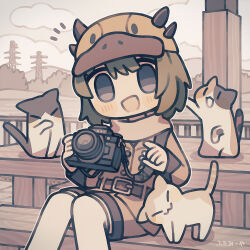 Rule 34 | 1boy, artist name, baseball cap, belt, bench, blush stickers, brown hair, brown jacket, brown shorts, bush, calico, camera, cat, chibi, cloud, cloudy sky, cropped legs, fence, futami ya, hat, highres, holding, holding camera, jacket, looking at viewer, no nose, open mouth, original, outdoors, pointing, purple eyes, scarf, short hair, shorts, sitting, sky, solo, table, utility pole