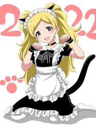 Rule 34 | :d, animal ears, animal hands, apron, bell, black ribbon, blonde hair, blush, cat day, cat ears, cat tail, choker, dated, emily stewart, fluffy hair, full body, highres, idolmaster, idolmaster million live!, kneeling, looking at viewer, maid, maid apron, maid headdress, matcha kingyo, neck bell, open mouth, parted bangs, paw pose, purple eyes, ribbon, smile, tail, thighhighs, twintails, white background, wristlet