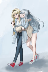 Rule 34 | 2girls, absurdres, ak-12 (girls&#039; frontline), alternate costume, an-94 (girls&#039; frontline), aqua eyes, arm up, black hairband, blonde hair, blue cardigan, blue hair, blush, braid, breasts, brown cardigan, cardigan, casual, closed eyes, closed mouth, crush kim, denim, denim shorts, french braid, full body, girls&#039; frontline, hair ornament, hair ribbon, hairband, hairpin, highres, holding, hug, hug from behind, jeans, leaning forward, light blue hair, lips, long hair, long sleeves, looking down, multiple girls, open cardigan, open clothes, open mouth, pants, ponytail, red footwear, ribbon, shirt, shoes, shorts, simple background, small breasts, smile, standing, teeth, white footwear, white shirt