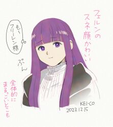 Rule 34 | 1girl, black robe, blunt bangs, commentary request, cropped torso, fern (sousou no frieren), kei-co, long hair, looking at viewer, pout, purple eyes, purple hair, robe, sketch, solo, sousou no frieren, translation request