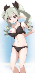 Rule 34 | 1girl, anchovy (girls und panzer), bikini, black bikini, blush, breasts, collarbone, drill hair, girls und panzer, green hair, hair ornament, hair ribbon, large breasts, long hair, looking at viewer, navel, nipples, one breast out, open mouth, red eyes, ribbon, shiny skin, solo, swimsuit, yuzukiaz