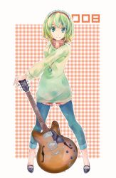 Rule 34 | 1girl, alice margatroid, alternate costume, aoi kujira, bad id, bad pixiv id, blonde hair, blue eyes, casual, denim, female focus, guitar, instrument, jeans, jewelry, necklace, pants, short hair, solo, touhou