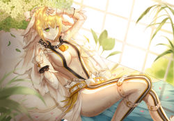 Rule 34 | 1girl, bed sheet, blonde hair, bodysuit, breasts, bridal veil, chain, cleavage, fate/extra, fate/extra ccc, fate/grand order, fate (series), flower wreath, full-length zipper, green eyes, highres, large breasts, lock, looking at viewer, lying, nero claudius (bride) (fate), nero claudius (fate), nero claudius (fate) (all), no bra, on bed, padlock, padlocked collar, pale skin, partially unzipped, pillow, plunging neckline, short hair, siete (john4311), smile, solo, veil, white bodysuit, white sleeves, wrist cuffs, zipper