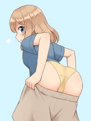 Rule 34 | 1girl, aona (shiraha maru), ass, bent over, blue background, blue eyes, blue shirt, clothes pull, commentary, crotch seam, from behind, grey shorts, heart, highres, leaning forward, light brown hair, looking at viewer, looking back, original, panties, pulling own clothes, shiraha maru, shirt, short hair, shorts, shorts pull, simple background, solo, standing, t-shirt, underwear, yellow panties