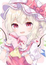 Rule 34 | 1girl, ascot, back bow, blonde hair, blush, border, bow, box, breasts, collared shirt, commentary request, crystal, fang, fangs, female focus, flandre scarlet, hair between eyes, hands up, hat, hat bow, heart, heart-shaped pupils, highres, jewelry, looking at viewer, mob cap, multicolored wings, one side up, open mouth, pafe yuzuran, pink background, pink bow, pointy ears, puffy short sleeves, puffy sleeves, red bow, red eyes, red vest, shirt, short hair, short sleeves, simple background, small breasts, smile, solo, symbol-shaped pupils, tongue, touhou, vest, white border, white bow, white hat, white shirt, wings, wrist cuffs, yellow ascot