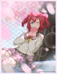 Rule 34 | 1girl, ;), absurdres, aqua eyes, artist name, artist request, bare legs, blush, bow, bowtie, breasts, collarbone, female focus, green eyes, grey skirt, hair between eyes, highres, holding, holding letter, kurosawa ruby, letter, long sleeves, looking at viewer, love live!, love live! sunshine!!, miniskirt, nail, nail polish, one eye closed, orange bow, outdoors, parted lips, petals, pink nails, pink nails, pink petals, plaid, plaid skirt, pleated, pleated skirt, red hair, sailor collar, school uniform, shirt, short hair, sitting, skirt, smile, solo, sparkle, twintails, two side up, uranohoshi school uniform, white shirt, wink