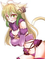 Rule 34 | 1girl, ahoge, animal ears, atalanta (fate), bare shoulders, blush, breasts, brown hair, cat ears, cat tail, cosplay, elbow gloves, fate/apocrypha, fate/grand order, fate (series), fur, gloves, green eyes, hair ornament, long hair, mash kyrielight, mash kyrielight (dangerous beast), mash kyrielight (dangerous beast) (cosplay), multicolored hair, navel, official alternate costume, open mouth, panties, purple panties, purple thighhighs, simple background, solo, tail, thighhighs, underwear, white background