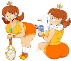 Rule 34 | 1girl, ass, blue eyes, breasts, brown hair, cleavage, colored skin, crown, earrings, eyebrows, heart, huge ass, jewelry, jinu (jinusenpai), large breasts, long hair, mario (series), mario tennis, nintendo, open mouth, princess daisy, shoes, shorts, simple background, sitting, socks, solo, super mario bros. 1, super mario land, teeth, text focus, third-party edit, tongue, tongue out, towel, white background, white skin