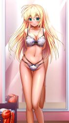 Rule 34 | 1girl, arms behind back, bare legs, blonde hair, blush, bra, breasts, changing room, cleavage, closed mouth, collarbone, dark-skinned female, dark skin, doukyuusei, doukyuusei another world, floating hair, game cg, gluteal fold, green eyes, grey bra, grey panties, hair between eyes, highleg, highleg panties, large breasts, lingerie, long hair, looking at viewer, multi-strapped panties, navel, panties, smile, solo, standing, straight hair, thigh gap, tina (kakyuusei), underwear, underwear only, very long hair