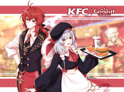 Rule 34 | 1boy, 1girl, ascot, baggy clothes, black headwear, blurry, blurry background, braid, breasts, brill p, burger, closed mouth, collared shirt, copyright name, cup, diluc (genshin impact), diluc (kfc) (genshin impact), disposable cup, drinking straw, food, genshin impact, green eyes, hair between eyes, hair ribbon, headwear request, highres, holding, holding tray, jacket, kfc, long hair, long sleeves, looking at viewer, maid, meat, medium breasts, necktie, noelle (genshin impact), noelle (kfc) (genshin impact), official alternate costume, open mouth, ponytail, red eyes, red hair, ribbon, shirt, short hair, silver hair, sleeves rolled up, smile, sparkle, tassel, tray, vest, vision (genshin impact)