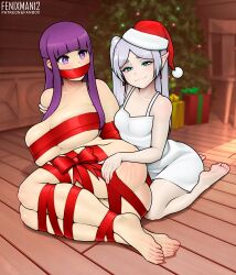 Rule 34 | 2girls, absurdres, arms behind back, artist name, ass, bare shoulders, barefoot, blue eyes, blunt bangs, bound, bound ankles, bound arms, bound legs, bound thighs, bound torso, breasts, chemise, christmas tree, closed mouth, collarbone, dress, earrings, elf, fanbox username, feet, female focus, fenixman12, fern (sousou no frieren), frieren, full body, gag, gift, grey hair, hand on another&#039;s shoulder, handprint, hat, highres, huge breasts, indoors, jewelry, kneeling, looking at another, looking at viewer, lying, multiple girls, naked ribbon, on floor, on side, patreon username, pointy ears, purple eyes, purple hair, red headwear, red ribbon, ribbon, santa hat, sidelocks, sleeveless, sleeveless dress, smile, soles, sousou no frieren, spaghetti strap, spanked, thighs, toes, white dress, wooden floor