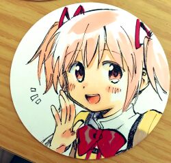 Rule 34 | blush stickers, border, bow, bowtie, collar, collared shirt, commentary request, hair ribbon, hand on own cheek, hand on own face, high collar, highres, juliet sleeves, kaname madoka, long sleeves, looking at viewer, mahou shoujo madoka magica, mahou shoujo madoka magica (anime), mitakihara school uniform, no+bi=, notice lines, open mouth, palms, photo (medium), pink eyes, pink hair, puffy sleeves, red bow, red bowtie, red ribbon, ribbon, round border, school uniform, shirt, short hair, short twintails, simple background, smile, teeth, traditional media, twintails, upper teeth only, white background, white collar, yellow shirt, yellow sleeves