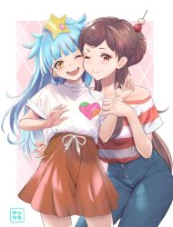 Rule 34 | 10s, 2girls, bare shoulders, blue hair, brown hair, casual, commentary request, denim, face-to-face, hair ornament, heart, heart on chest, highres, hoshikawa lily, jeans, long hair, multiple girls, one eye closed, open mouth, orange eyes, pants, red eyes, saki44201253, shirt, short eyebrows, short sleeves, standing, star (symbol), star hair ornament, striped clothes, striped shirt, white shirt, yuugiri (zombie land saga), zombie land saga