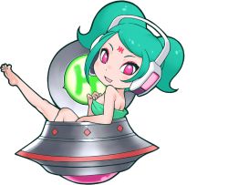 Rule 34 | 1girl, alien, barefoot, bath, bathtub, breasts, eiriyan (kemono friends), game cg, green hair, headphones, kemono friends, long hair, looking at viewer, official art, open mouth, pink eyes, smile, solo, tachi-e, towel, transparent background, twintails, ufo, yoshizaki mine