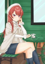 Rule 34 | 1girl, beret, black footwear, black skirt, chair, feet out of frame, frilled shawl, frilled shirt, frills, goat, hat, kantai collection, long hair, makinoki, nevada (kancolle), official alternate costume, red eyes, red hair, shawl, shirt, sitting, skirt, smile, table, white headwear, white shawl, window