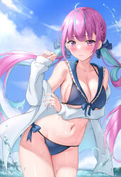 Rule 34 | 1girl, absurdres, ahoge, aqua hair, aqua nails, arm under breasts, bikini, blue sky, blush, bow, breasts, cleavage, closed mouth, cloud, collarbone, day, floating hair, hair bow, hand up, highres, hololive, large breasts, long hair, looking at viewer, minato aqua, multicolored hair, navel, outdoors, pink hair, purple eyes, shinigami kiraki, sky, solo, stomach, swimsuit, thighs, twintails, two-tone hair, very long hair, virtual youtuber, wading, water