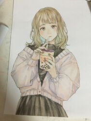 Rule 34 | 1girl, black dress, black skirt, brown eyes, brown hair, brown nails, bubble tea, cardigan, casual, closed mouth, colored pencil (medium), commentary, cup, disposable cup, dress, drink, drinking straw, grey cardigan, highres, holding, holding cup, holding drinking straw, lips, long sleeves, looking at viewer, matsunoha, nail polish, open cardigan, open clothes, original, partially unbuttoned, photo (medium), pleated skirt, puffy long sleeves, puffy sleeves, short hair, simple background, skirt, solo, traditional media, white background