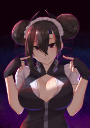 Rule 34 | 1girl, agent (girls&#039; frontline), black dress, black gloves, black hair, breasts, brown eyes, cleavage, cleavage cutout, clothing cutout, commentary request, double bun, dress, fingerless gloves, girls&#039; frontline, gloves, hair between eyes, hair bun, highres, large breasts, looking at viewer, maid headdress, pao mian+dan, parted lips, pointing, pointing at self, purple background, shirt, white shirt