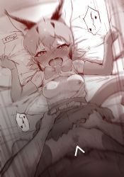 Rule 34 | 1boy, 1girl, animal ears, bar censor, bare shoulders, bed, bed sheet, belt, blush, bow, bowtie, breasts, breasts out, caracal (kemono friends), censored, elbow gloves, extra ears, fang, gloves, hair between eyes, hetero, high-waist skirt, highres, kemono friends, masuyama ryou, missionary, monochrome, motion blur, motion lines, open clothes, open mouth, open shirt, pillow, pillow grab, pubic hair, saliva, sex, sheet grab, shirt, short hair, sidelocks, skirt, sleeveless, small breasts, tail, tears, thighhighs, vaginal