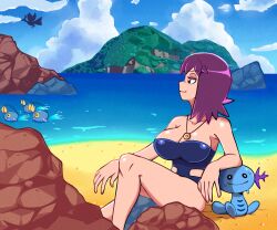 Rule 34 | 1girl, arm support, beach, bird, breasts, chinchou, collarbone, creatures (company), game freak, gen 2 pokemon, highres, ho-oh, island, large breasts, legendary pokemon, looking at another, nintendo, ocean, one-piece swimsuit, philena ivy, pokemon, pokemon (anime), pokemon (classic anime), purple hair, raflcoopter, shiny skin, smile, swimming, swimsuit, water, wide hips, wooper