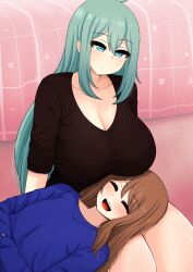 Rule 34 | 2girls, absurdres, aqua eyes, aqua hair, asa midori, blush, breast rest, breasts, breasts on head, brown hair, cleavage, closed eyes, closed mouth, highres, huge breasts, indoors, long hair, multiple girls, open mouth, original, rezu (the only shoe), smile, the only shoe, yuri