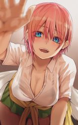 Rule 34 | 1girl, :d, all fours, blue eyes, blurry, blurry foreground, blush, bra, bra visible through clothes, breasts, brown background, cleavage, clothes around waist, depth of field, earrings, go-toubun no hanayome, gradient background, green skirt, hair between eyes, head tilt, highres, hoshi san 3, jacket, jacket around waist, jewelry, looking at viewer, medium breasts, miniskirt, nakano ichika, open mouth, pink hair, reaching, reaching towards viewer, school uniform, shirt, short hair, short sleeves, skirt, smile, solo, stud earrings, teeth, underwear, upper teeth only, white shirt