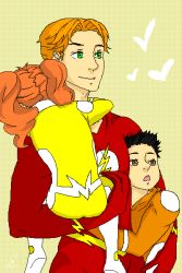 Rule 34 | 1girl, 2boys, black hair, boots, brother and sister, brown eyes, carrying, dc comics, family, father and daughter, father and son, flash (series), green eyes, hug, impulse, irey west, jai west, kid flash, multiple boys, orange hair, siblings, the flash, twintails, wally west