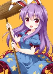 Rule 34 | 1girl, animal ears, blue dress, blush, rabbit ears, cosplay, crescent, dress, frilled dress, frills, highres, holding, holding mallet, kine, long hair, mallet, open mouth, orange background, purple hair, red eyes, reisen udongein inaba, ruu (tksymkw), seiran (touhou), seiran (touhou) (cosplay), short sleeves, simple background, solo, star (symbol), touhou