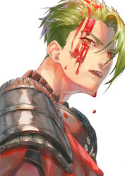 Rule 34 | 1boy, absurdres, achilles (fate), armor, blood, blood on face, commentary request, fate/apocrypha, fate/grand order, fate (series), green hair, highres, looking at viewer, male focus, open mouth, orange eyes, po-ra dai, short hair, shoulder armor, simple background, solo, upper body, white background