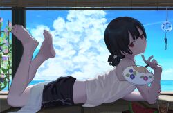 Rule 34 | 1girl, barefoot, black hair, black shorts, blue sky, cloud, conari, contrail, cumulonimbus cloud, cup, day, drinking glass, feet, feet up, flower, food, fruit, full body, hair bun, hand fan, highres, holding, holding fan, horizon, ice, ice cube, idolmaster, idolmaster shiny colors, legs up, looking at viewer, looking to the side, lying, morino rinze, morning glory, ocean, on stomach, outdoors, paper fan, purple flower, red eyes, shirt, short hair, shorts, shouji, single hair bun, sky, sliding doors, soles, solo, summer, tank top, the pose, toes, towel, uchiwa, watermelon, watermelon slice, white shirt, wind chime