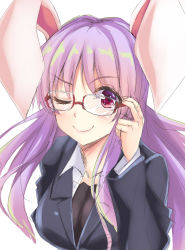 Rule 34 | 1girl, ;), adjusting eyewear, animal ears, bad id, bad pixiv id, bespectacled, black jacket, blazer, blush, breasts, collarbone, commentary, cropped torso, glasses, glasses day, hand up, highres, hisae (hisae collect), jacket, large breasts, lips, long hair, long sleeves, looking at viewer, one eye closed, pink lips, purple hair, rabbit ears, red-framed eyewear, red eyes, reisen udongein inaba, shirt, simple background, sketch, smile, solo, touhou, unfinished, upper body, white background, white shirt, wing collar