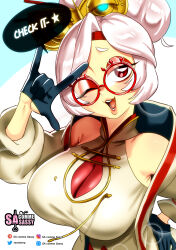 Rule 34 | 1girl, absurdres, adapted costume, aged up, alternate breast size, blush, bodysuit, breasts, cleavage, eyeshadow, eyewear on head, glasses, hair ornament, hair stick, highres, large breasts, long hair, looking at viewer, makeup, nintendo, official alternate costume, official alternate hairstyle, open mouth, purah, red-framed eyewear, red bodysuit, red eyes, sasa tseng, sheikah, short hair, smile, solo, the legend of zelda, the legend of zelda: tears of the kingdom, white hair
