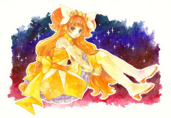 Rule 34 | 1girl, amanogawa kirara, armpits, bare shoulders, blush, boots, choker, cure twinkle, dress, earrings, eyelashes, gloves, go! princess precure, gradient background, happy, jewelry, looking at viewer, magical girl, multicolored hair, orange dress, orange hair, precure, purple eyes, quad tails, red hair, ribbon, shiroma (mamiko), smile, solo, star (symbol), star earrings, streaked hair, thigh boots, thighhighs, twintails, two-tone hair, white footwear, white gloves, white thighhighs, wrist cuffs