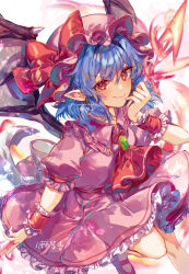 Rule 34 | 1girl, absurdres, ascot, ayatsuki sugure, bat wings, blue hair, brooch, closed mouth, dress, frilled dress, frills, hat, hat ribbon, highres, jewelry, mob cap, pink dress, pink hat, pointy ears, puffy short sleeves, puffy sleeves, red ascot, red eyes, red footwear, red ribbon, remilia scarlet, ribbon, shoes, short hair, short sleeves, smile, solo, touhou, wings, wrist cuffs